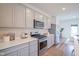 Modern kitchen with stainless steel appliances and white cabinets with quartz countertops at 9728 Junction, Fishers, IN 46037
