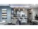 Modern kitchen with blue and white cabinets, stainless steel appliances, and bar stool seating at 1 Virginia Ave # 607, Indianapolis, IN 46204