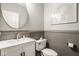 Well-lit powder room featuring beadboard, a round mirror, and modern fixtures at 12505 Branford St, Carmel, IN 46032