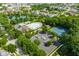 Aerial view showcases a community pool, tennis courts, and clubhouse nestled among trees at 12505 Branford St, Carmel, IN 46032