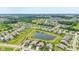 Panoramic aerial shot reveals a residential community surrounding a pond with manicured lawns and trees at 19281 Scofield Ridge Blvd, Westfield, IN 46074