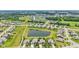 An aerial view of a residential area, featuring a pond and houses in a well-maintained, green landscape at 19281 Scofield Ridge Blvd, Westfield, IN 46074