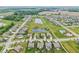 Aerial view showcasing a planned community with tree-lined streets, green spaces, and a central pond and community pool at 19281 Scofield Ridge Blvd, Westfield, IN 46074