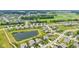 Aerial view of a well-planned community, showing a scenic pond and surrounding homes and landscaping at 19281 Scofield Ridge Blvd, Westfield, IN 46074