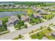 An aerial view of a neighborhood, a pond, and picturesque landscaping creating a serene community atmosphere at 19281 Scofield Ridge Blvd, Westfield, IN 46074