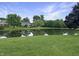 Home with a well-manicured backyard and a large pond surrounded by trees at 3287 Buckmoor Pkwy, Greenwood, IN 46143