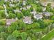 Aerial view of the back of a house showing a nice patio area, well manicured lawn, and surrounding mature trees at 427 Quincy Pl, Westfield, IN 46074