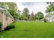 Expansive backyard featuring a lush lawn, mature trees, and a well-maintained perimeter, ideal for recreation at 8022 Hoover Ln, Indianapolis, IN 46260