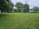 Fenced backyard with plenty of grass and trees, with a trampoline at 8433 Fairwind Ct, Indianapolis, IN 46256