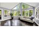 Bright living room with vaulted ceilings, many windows with serene tree views, and stylish furnishings at 8924 Stormhaven Ct, Indianapolis, IN 46256
