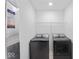 Modern laundry room with a front load washer and dryer, plus storage shelving at 10107 Camp Creek Way, Indianapolis, IN 46229
