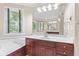 Stylish bathroom with a vanity, soaking tub, and a window offering natural light at 11266 Old Stone Dr, Indianapolis, IN 46236