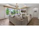 Comfortable living room with a sectional sofa, fireplace, large windows overlooking the outdoor space and deck at 14729 Erica Ln, Carmel, IN 46033