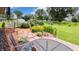 Beautiful backyard garden with a variety of flowering plants and comfortable seating area at 202 Collier St, Columbus, IN 47201