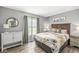 Bedroom featuring a floral bedspread, gray walls, hard wood floors and a window with natural light at 792 Nevelle Ln, Carmel, IN 46032