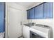 Modern laundry room featuring front load washer and dryer, blue cabinets, and tiled flooring at 792 Nevelle Ln, Carmel, IN 46032