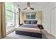 Bright bedroom features a ceiling fan, modern decor, large window, and en-suite closet at 932 N Broadway St # 4, Indianapolis, IN 46202