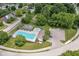 Overhead shot showcases a community pool area with ample lounge chairs and shade umbrellas at 10306 Tybalt Dr, Fishers, IN 46038