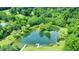 Aerial view of a serene pond with lush green surroundings and a charming wooden bridge at 1155 Cope Rd, Martinsville, IN 46151
