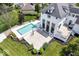 Aerial view of the backyard pool, sport court, patio and rear of home in a waterfront community at 12208 Island Dr, Indianapolis, IN 46256