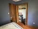 Bedroom featuring a partially open closet, soft blue walls, and a glimpse of a friendly dog at 2937 S Allen Dr, New Palestine, IN 46163