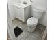 Small bathroom features a white vanity, toilet, and drain on a painted tile floor at 3201 W 22Nd St, Indianapolis, IN 46222