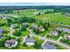 Expansive aerial view showcasing a residential area with lush greenery, a central roundabout, and well-kept properties at 3345 Kilkenny Cir, Carmel, IN 46032