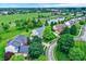 Aerial view showcases a neighborhood with homes, green spaces, and a serene pond at 3345 Kilkenny Cir, Carmel, IN 46032