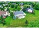 An aerial view of a home surrounded by lush green lawns, mature trees, and a cul-de-sac street at 3345 Kilkenny Cir, Carmel, IN 46032