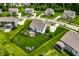 Aerial view of the home showcasing a large fenced backyard with a patio and lush landscaping at 3606 Evergreen Way, Zionsville, IN 46077