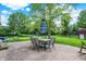 Backyard patio featuring an outdoor dining table with umbrella and swing set for relaxing and entertaining at 3740 Weather Stone Xing, Zionsville, IN 46077