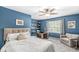 Bright bedroom with blue walls, a built-in desk, shelving, a ceiling fan, and ample natural light at 4431 Cranbrook Dr, Indianapolis, IN 46250