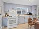 Bright kitchen with light blue cabinets, modern appliances, and a cozy dining area at 528 W Mechanic St, Shelbyville, IN 46176