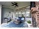 Charming covered patio featuring a fireplace, ceiling fan, comfortable seating, and a stylish area rug at 1580 Mairn Ave, Carmel, IN 46032