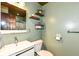 Cozy half bathroom with a vessel sink, decorative floating shelves, and stylish fixtures at 1624 Riley Rd, Lebanon, IN 46052