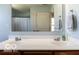 Bright bathroom featuring a double vanity with white countertop and large mirror at 12584 Cold Stream Rd, Noblesville, IN 46060