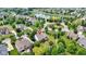 Aerial neighborhood view near a pond and roundabout surrounded by lush trees and landscaping at 13624 Alston Dr, Fishers, IN 46037