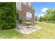 Brick home's backyard patio features outdoor seating with lush green lawn and landscaping at 13624 Alston Dr, Fishers, IN 46037