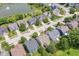 Aerial view of a residential neighborhood with lush trees and landscaping surrounding a pond at 13700 Stanford Dr, Carmel, IN 46074