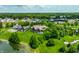 Stunning aerial shot featuring houses with backyard pools, large green yards, and a peaceful pond at 18 Lost Run Ln, Zionsville, IN 46077