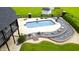 Aerial view of a backyard with a stunning pool area, a stone walkway, and a lush landscaped garden at 3306 Mullinix Rd, Greenwood, IN 46143