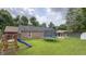 Large yard features a brick house, shed, trampoline, playset, gazebo, and wooden fence at 408 Ottawa Dr, Indianapolis, IN 46217
