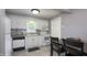 Well-lit kitchen features white cabinets, updated appliances, decorative backsplash, and dining area at 408 Ottawa Dr, Indianapolis, IN 46217