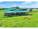 An aerial view showcasing a spacious barn with green roof, surrounded by lush green fields and mature trees at 7165 W State Road 252 W Rd, Edinburgh, IN 46124