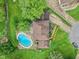 Aerial view of the home showcasing the roof and the in-ground pool in the backyard at 904 Dreamy St, Greenwood, IN 46142