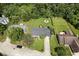 An aerial view showcasing a home with a fenced backyard, a storage shed, and mature trees surrounding the property at 9265 Brunson Run, Indianapolis, IN 46256