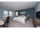 Spacious main bedroom with blue accent wall, large windows, an office desk, and a comfortable king-size bed at 11663 Winnower, Noblesville, IN 46060