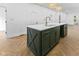 Close-up of kitchen island with a sink, white countertop, and green cabinets at 206 N Beville Ave, Indianapolis, IN 46201