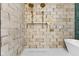 Close up of the shower, featuring double shower heads and unique tile work at 206 N Beville Ave, Indianapolis, IN 46201