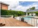Beautiful backyard featuring a wooden deck and swimming pool surrounded by lush greenery at 214 E St Joseph St, Indianapolis, IN 46202